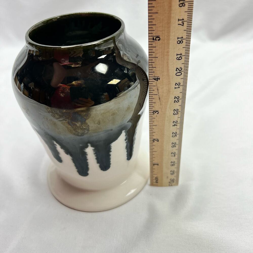 Hand Crafted Art Pottery Vase Drip Metallic Glaze 5 1/2" Teal Tone Lined Branded - Picture 8 of 9